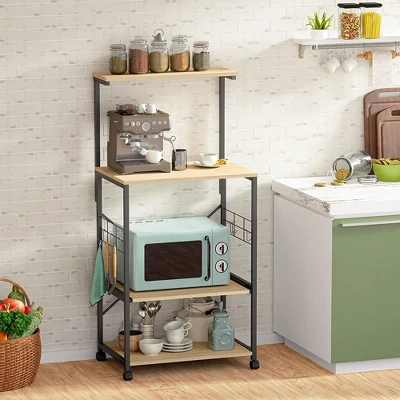 Bestier 4 Tier Shelves Portable Utility Kitchen Storage Baker's Rack Organizer Cart Stand With Adjustable Wheels And Side Hooks, 49 Inch, Oak 4 Bestier 4 Tier Shelves Portable Utility Kitchen Storage Baker's Rack Organizer Cart Stand With Adjustable Wheels And Side Hooks, 49 Inch, Oak - Image 2