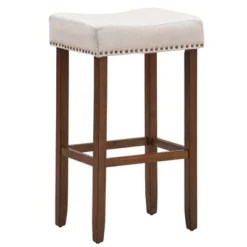 Costway Set Of 4 Nailhead Saddle Bar Stools 29'' Height W/ Fabric Seat & Wood Legs Gray/Beige -Restaurant Furniture Store GUEST ff4d4bc6 f1ea 4e81 90af 8e89dcf34cfc